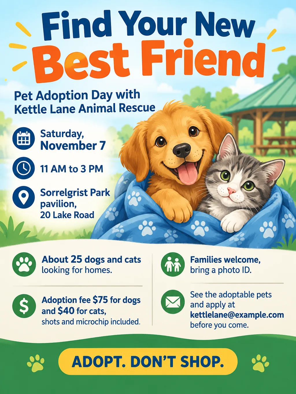 Pet adoption day flyer with an original cartoon puppy and kitten, Saturday, November 7, 11 AM to 3 PM, dogs $75, cats $40